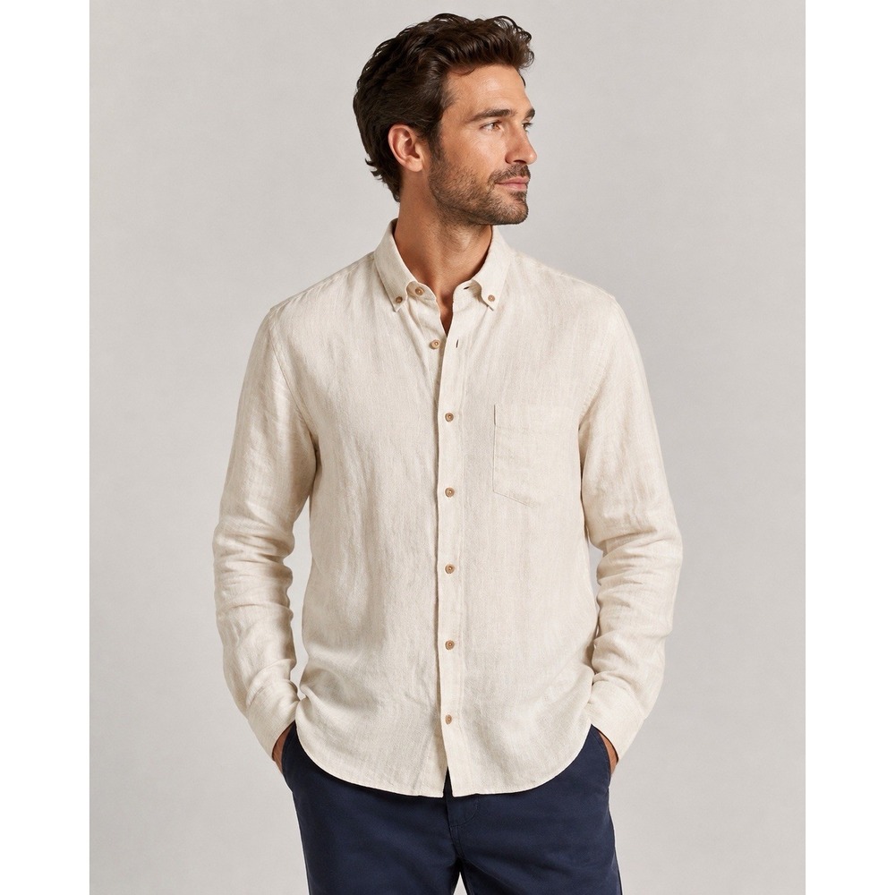 UNTUCKit Men's XL 100% Linen Button Down Shirt Beige Tan Long Sleeve Casual